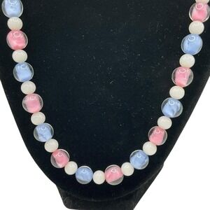 Vintage Art Glass Necklace 22" Pastel Pink Blue White Beads Barrel Clasp